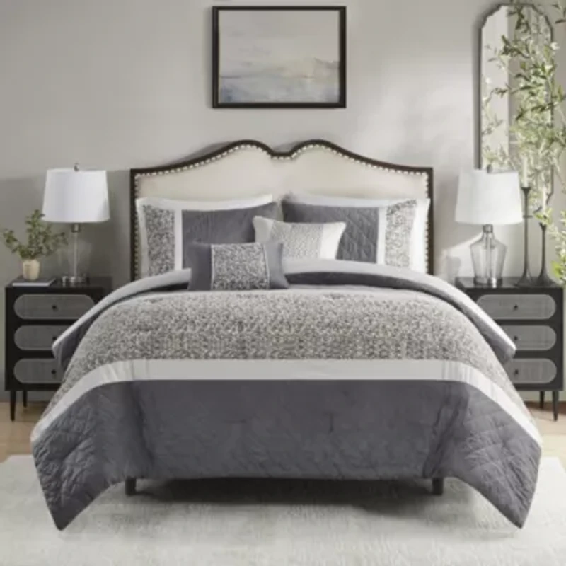 Amelia 5 Piece Textured Jacquard Stripe Comforter Set with Throw Pillows