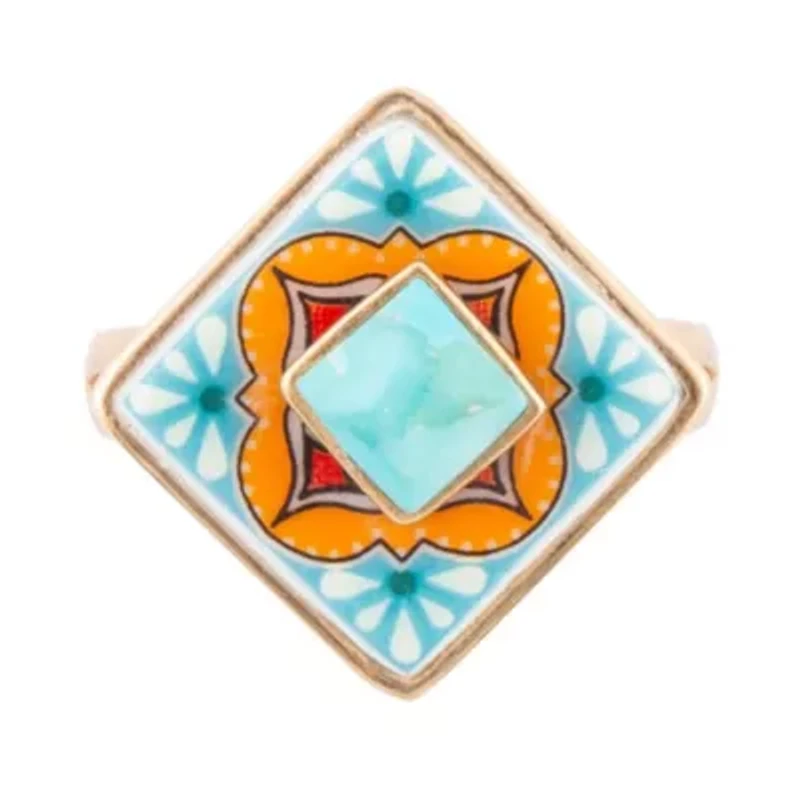 Talavera Tile Blue Turquoise Golden Ring
