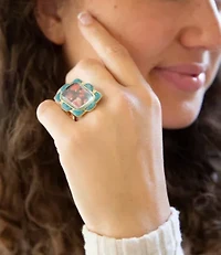 Scenic Red Florals Blue Apatite Golden Statement Ring