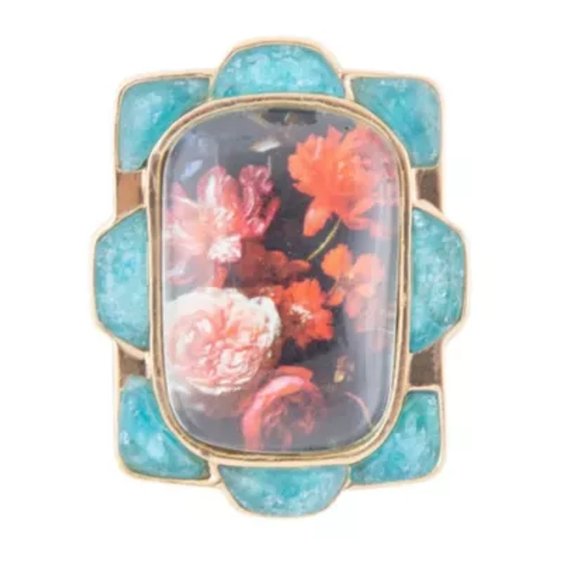 Scenic Red Florals Blue Apatite Golden Statement Ring