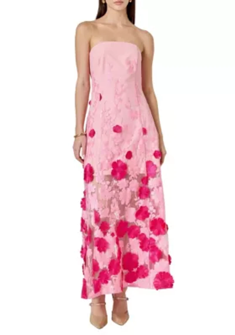 Embroidered 3D Applique Strapless Maxi Dress