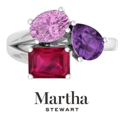 Lab Created Martha Stewart 3 3/4 Carat Pink Sapphire, Amethyst and Ruby Three Stone Cluster Ring Sterling Silver