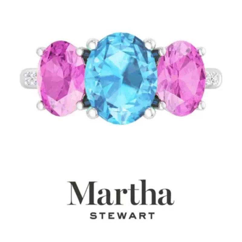 Lab Created Martha Stewart 5 Carat Oval Shape Blue Topaz, Pink Sapphire and Grown Diamond Three Stone Plus Ring Sterling Silver