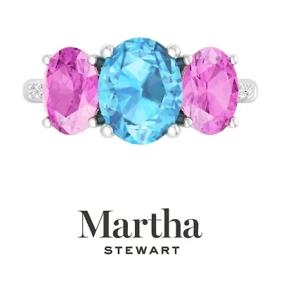 Lab Created Martha Stewart 5 Carat Oval Shape Blue Topaz, Pink Sapphire and Grown Diamond Three Stone Plus Ring Sterling Silver
