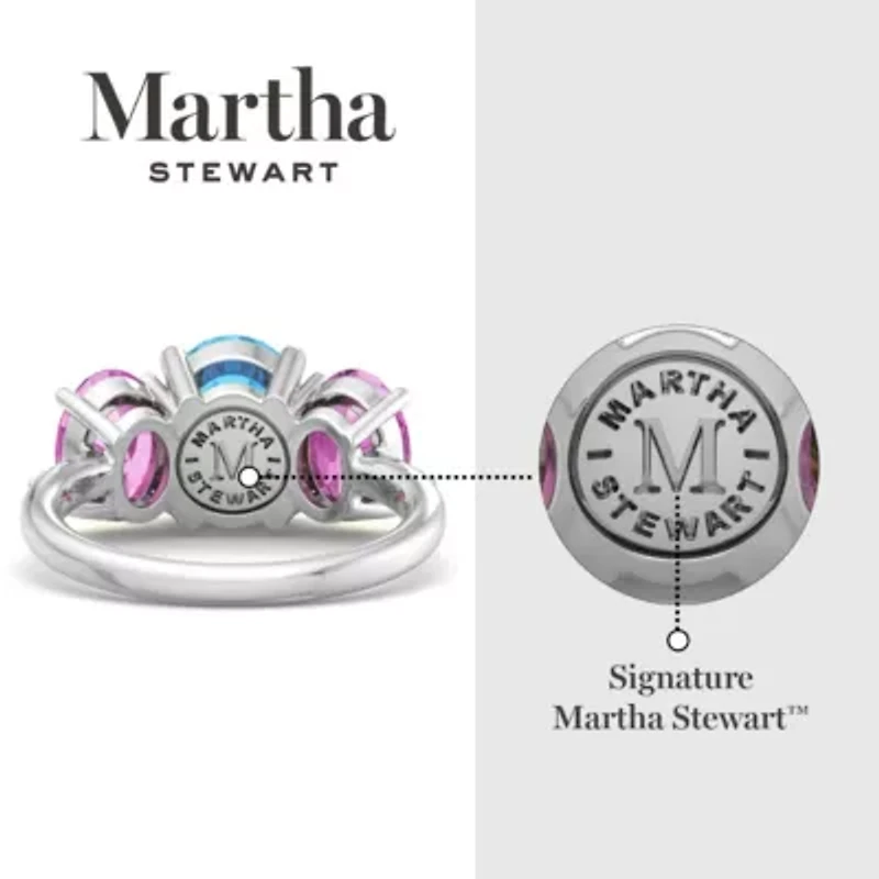 Lab Created Martha Stewart 5 Carat Oval Shape Blue Topaz, Pink Sapphire and Grown Diamond Three Stone Plus Ring Sterling Silver