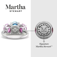 Lab Created Martha Stewart 5 Carat Oval Shape Blue Topaz, Pink Sapphire and Grown Diamond Three Stone Plus Ring Sterling Silver