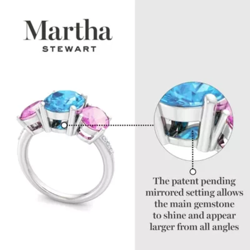 Lab Created Martha Stewart 5 Carat Oval Shape Blue Topaz, Pink Sapphire and Grown Diamond Three Stone Plus Ring Sterling Silver