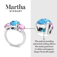 Lab Created Martha Stewart 5 Carat Oval Shape Blue Topaz, Pink Sapphire and Grown Diamond Three Stone Plus Ring Sterling Silver
