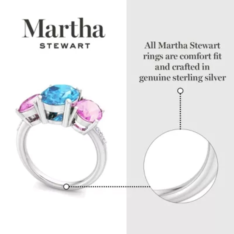 Lab Created Martha Stewart 5 Carat Oval Shape Blue Topaz, Pink Sapphire and Grown Diamond Three Stone Plus Ring Sterling Silver