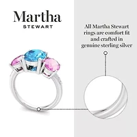 Lab Created Martha Stewart 5 Carat Oval Shape Blue Topaz, Pink Sapphire and Grown Diamond Three Stone Plus Ring Sterling Silver