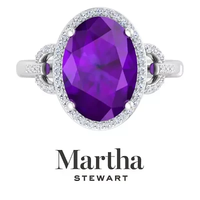 Lab Created Martha Stewart 6 3/4 Carat Oval Shape Gemstone and Grown Diamond Halo Ring Sterling Silver