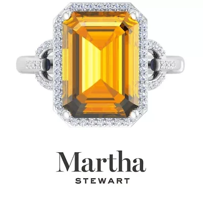 Lab Created Martha Stewart 7 1/3 Carat Emerald Cut Gemstone and Grown Diamond Halo Ring Sterling Silver