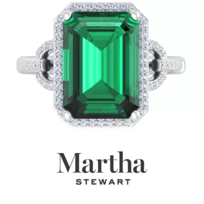 Lab Created Martha Stewart 7 1/3 Carat Emerald Cut Gemstone and Grown Diamond Halo Ring Sterling Silver