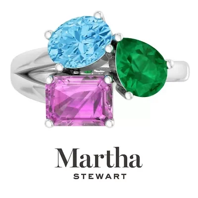 Lab Created Martha Stewart 3 3/4 Carat Blue Topaz, Emerald and Pink Sapphire Three Stone Cluster Ring Sterling Silver