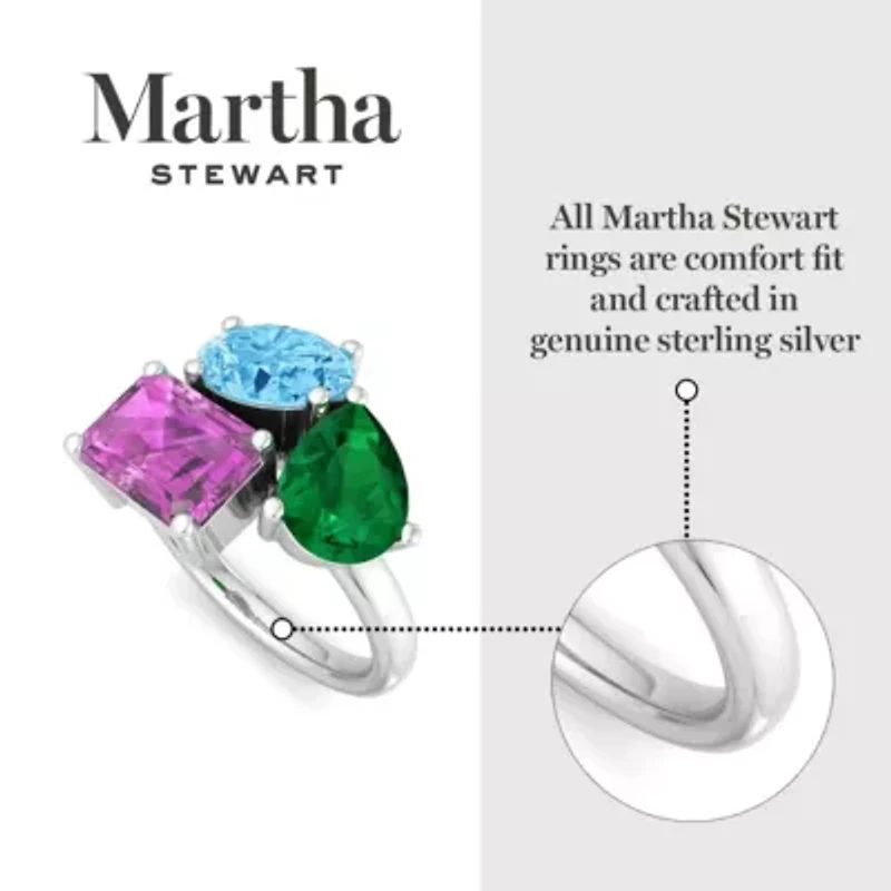 Lab Created Martha Stewart 3 3/4 Carat Blue Topaz, Emerald and Pink Sapphire Three Stone Cluster Ring Sterling Silver