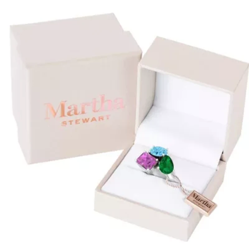 Lab Created Martha Stewart 3 3/4 Carat Blue Topaz, Emerald and Pink Sapphire Three Stone Cluster Ring Sterling Silver