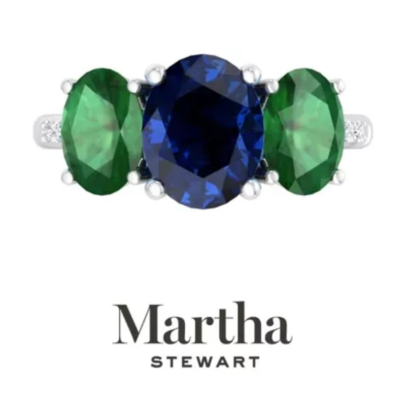 Lab Created Martha Stewart 5 Carat Oval Shape Sapphire, Emerald and Grown Diamond Three Stone Plus Ring Sterling Silver