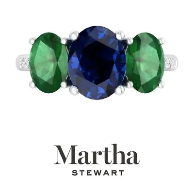 Lab Created Martha Stewart 5 Carat Oval Shape Sapphire, Emerald and Grown Diamond Three Stone Plus Ring Sterling Silver
