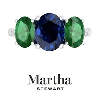 Lab Created Martha Stewart 5 Carat Oval Shape Sapphire, Emerald and Grown Diamond Three Stone Plus Ring Sterling Silver
