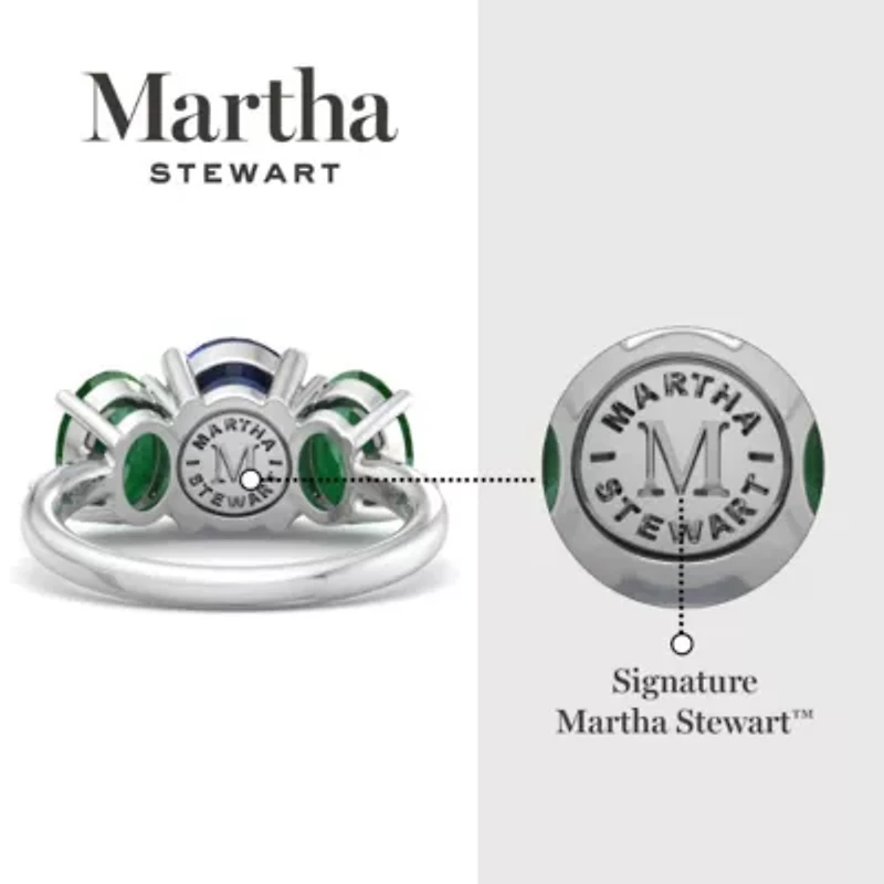 Lab Created Martha Stewart 5 Carat Oval Shape Sapphire, Emerald and Grown Diamond Three Stone Plus Ring Sterling Silver