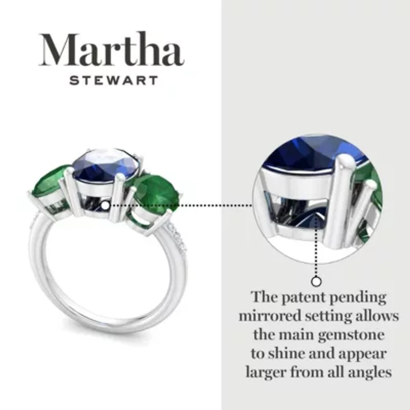 Lab Created Martha Stewart 5 Carat Oval Shape Sapphire, Emerald and Grown Diamond Three Stone Plus Ring Sterling Silver