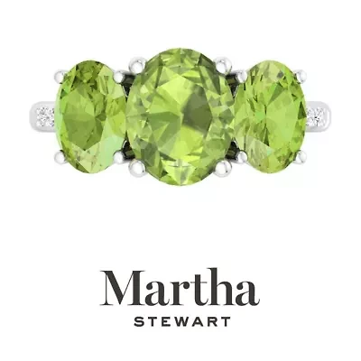 Lab Created Martha Stewart 5 Carat Oval Shape Peridot and Grown Diamond Three Stone Plus Ring Sterling Silver