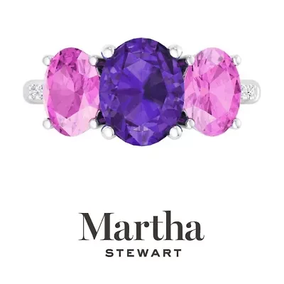Lab Created Martha Stewart 5 Carat Oval Shape Amethyst, Pink Sapphire and Grown Diamond Three Stone Plus Ring Sterling Silver