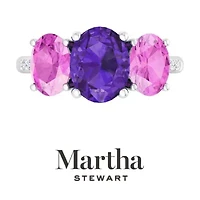 Lab Created Martha Stewart 5 Carat Oval Shape Amethyst, Pink Sapphire and Grown Diamond Three Stone Plus Ring Sterling Silver
