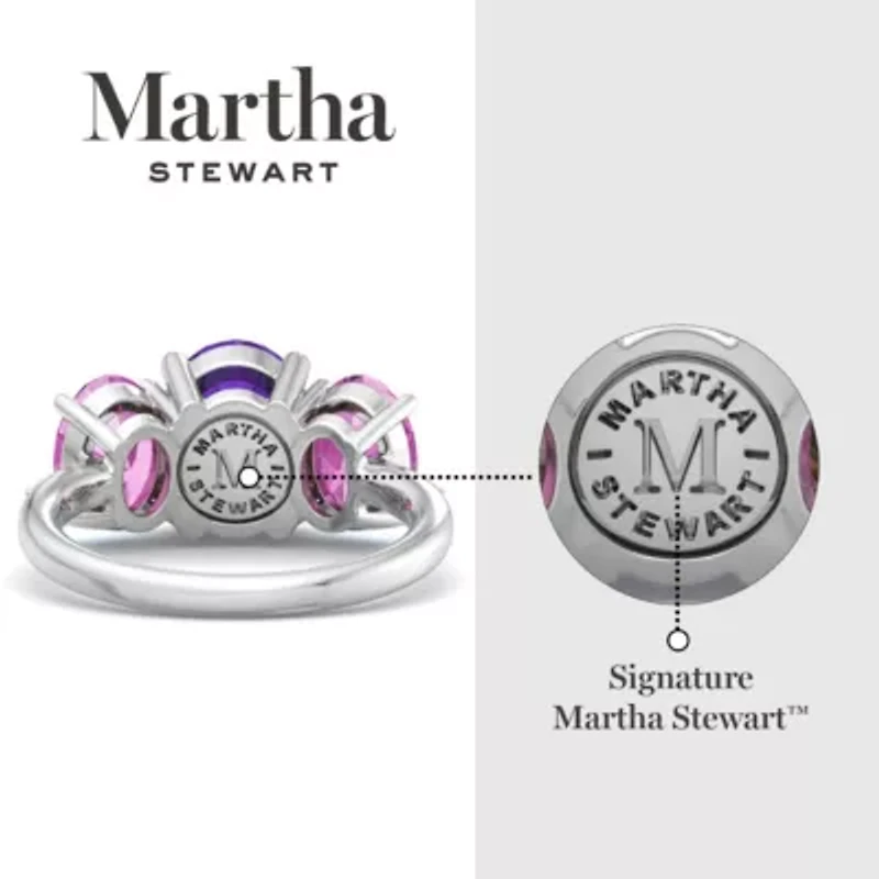Lab Created Martha Stewart 5 Carat Oval Shape Amethyst, Pink Sapphire and Grown Diamond Three Stone Plus Ring Sterling Silver