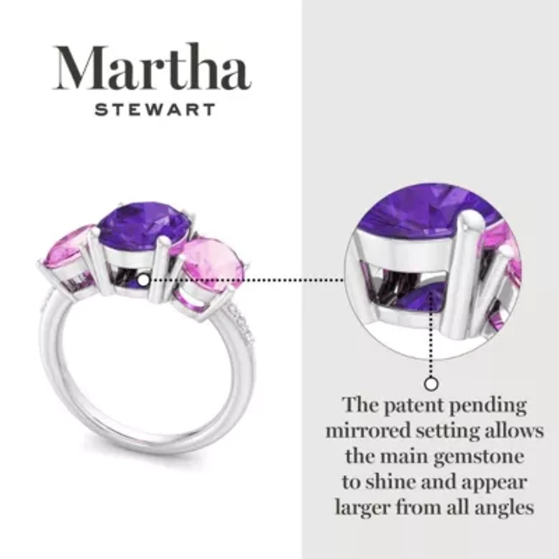 Lab Created Martha Stewart 5 Carat Oval Shape Amethyst, Pink Sapphire and Grown Diamond Three Stone Plus Ring Sterling Silver