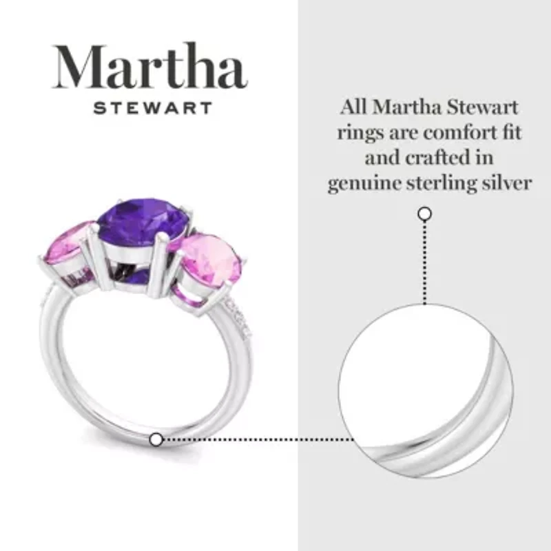 Lab Created Martha Stewart 5 Carat Oval Shape Amethyst, Pink Sapphire and Grown Diamond Three Stone Plus Ring Sterling Silver