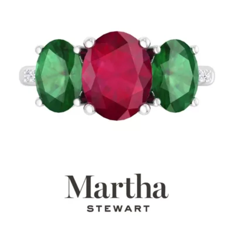 Lab Created Martha Stewart 5 Carat Oval Shape Ruby, Emerald and Grown Diamond Three Stone Plus Ring Sterling Silver