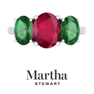 Lab Created Martha Stewart 5 Carat Oval Shape Ruby, Emerald and Grown Diamond Three Stone Plus Ring Sterling Silver