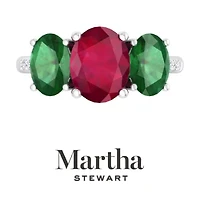 Lab Created Martha Stewart 5 Carat Oval Shape Ruby, Emerald and Grown Diamond Three Stone Plus Ring Sterling Silver