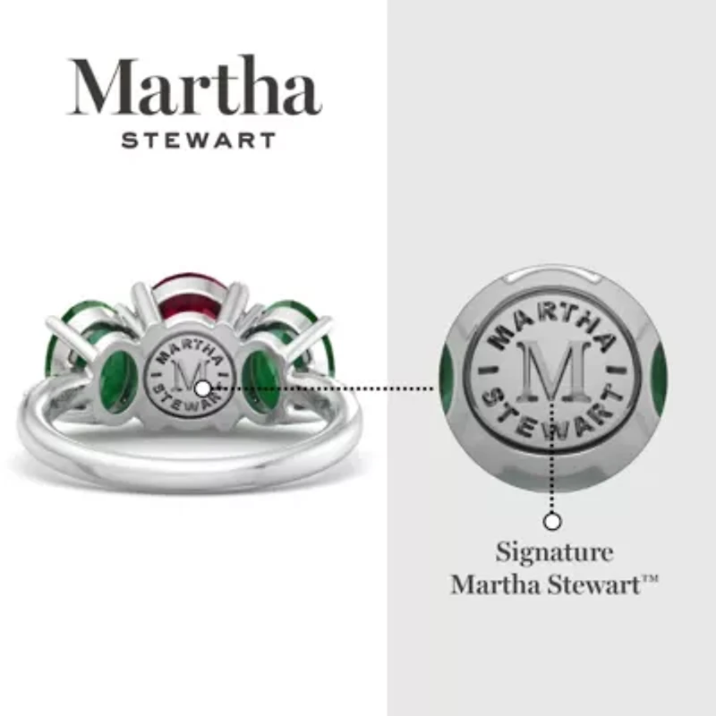 Lab Created Martha Stewart 5 Carat Oval Shape Ruby, Emerald and Grown Diamond Three Stone Plus Ring Sterling Silver