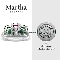 Lab Created Martha Stewart 5 Carat Oval Shape Ruby, Emerald and Grown Diamond Three Stone Plus Ring Sterling Silver