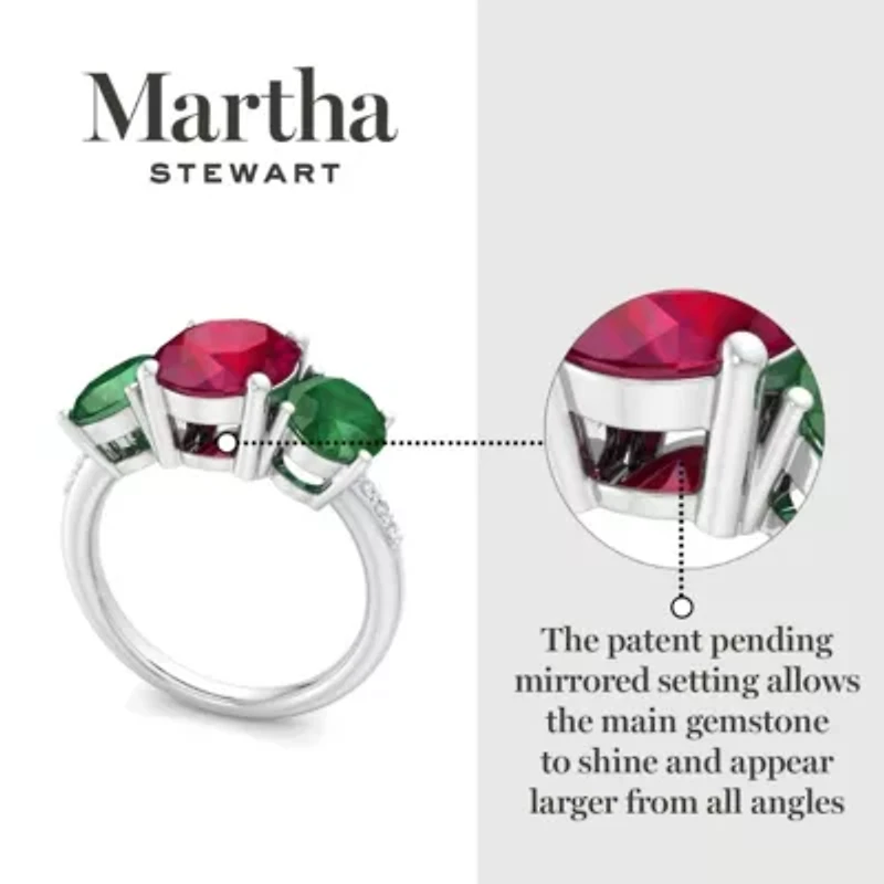 Lab Created Martha Stewart 5 Carat Oval Shape Ruby, Emerald and Grown Diamond Three Stone Plus Ring Sterling Silver