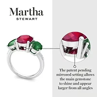 Lab Created Martha Stewart 5 Carat Oval Shape Ruby, Emerald and Grown Diamond Three Stone Plus Ring Sterling Silver