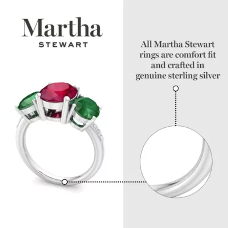 Lab Created Martha Stewart 5 Carat Oval Shape Ruby, Emerald and Grown Diamond Three Stone Plus Ring Sterling Silver
