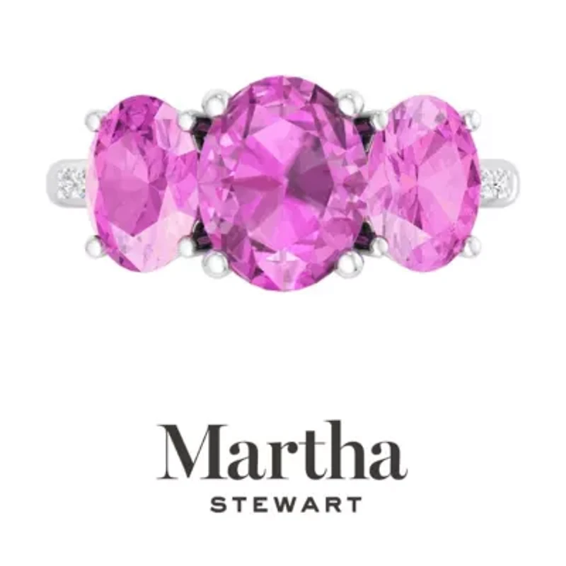 Lab Created Martha Stewart 5 Carat Oval Shape Pink Sapphire and Grown Diamond Three Stone Plus Ring Sterling Silver
