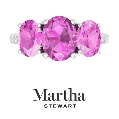 Lab Created Martha Stewart 5 Carat Oval Shape Pink Sapphire and Grown Diamond Three Stone Plus Ring Sterling Silver