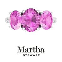 Lab Created Martha Stewart 5 Carat Oval Shape Pink Sapphire and Grown Diamond Three Stone Plus Ring Sterling Silver