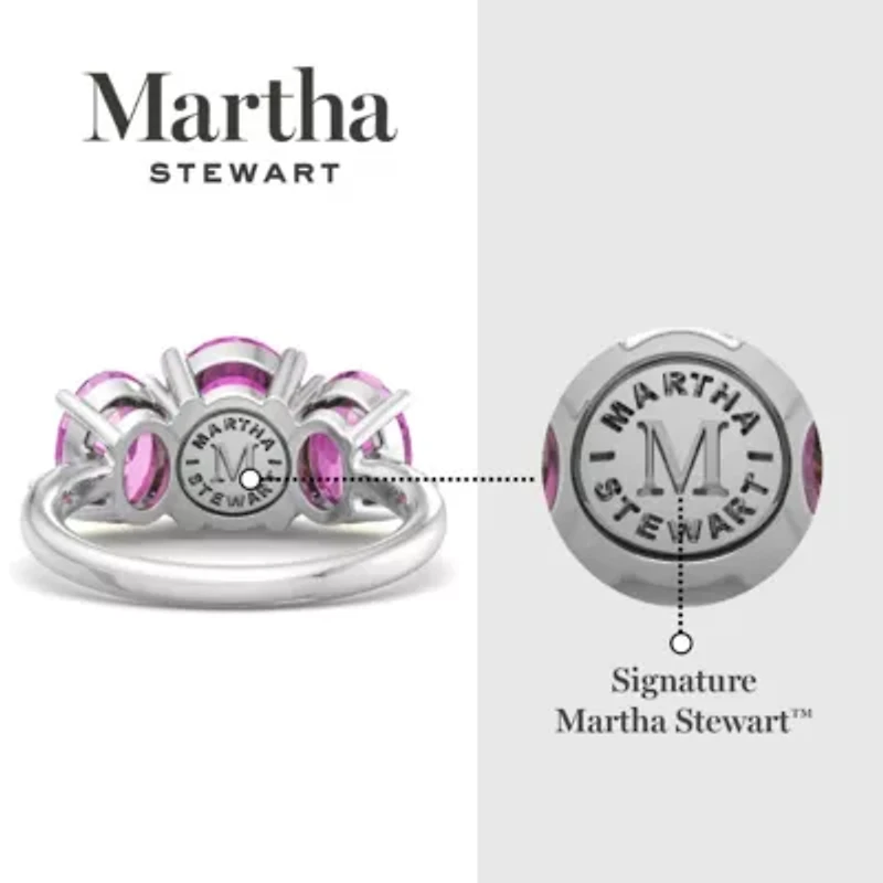 Lab Created Martha Stewart 5 Carat Oval Shape Pink Sapphire and Grown Diamond Three Stone Plus Ring Sterling Silver