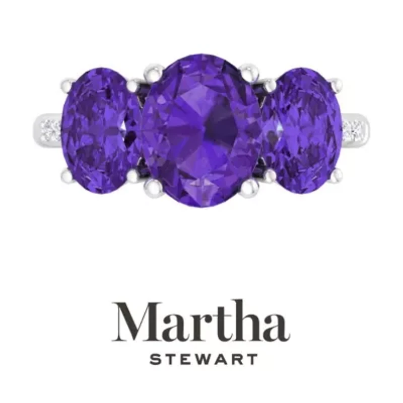 Lab Created Martha Stewart 5 Carat Oval Shape Amethyst and Grown Diamond Three Stone Plus Ring Sterling Silver