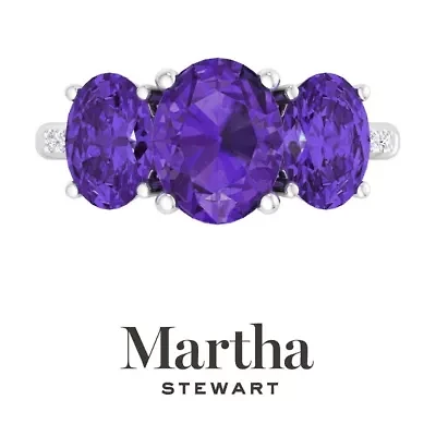 Lab Created Martha Stewart 5 Carat Oval Shape Amethyst and Grown Diamond Three Stone Plus Ring Sterling Silver
