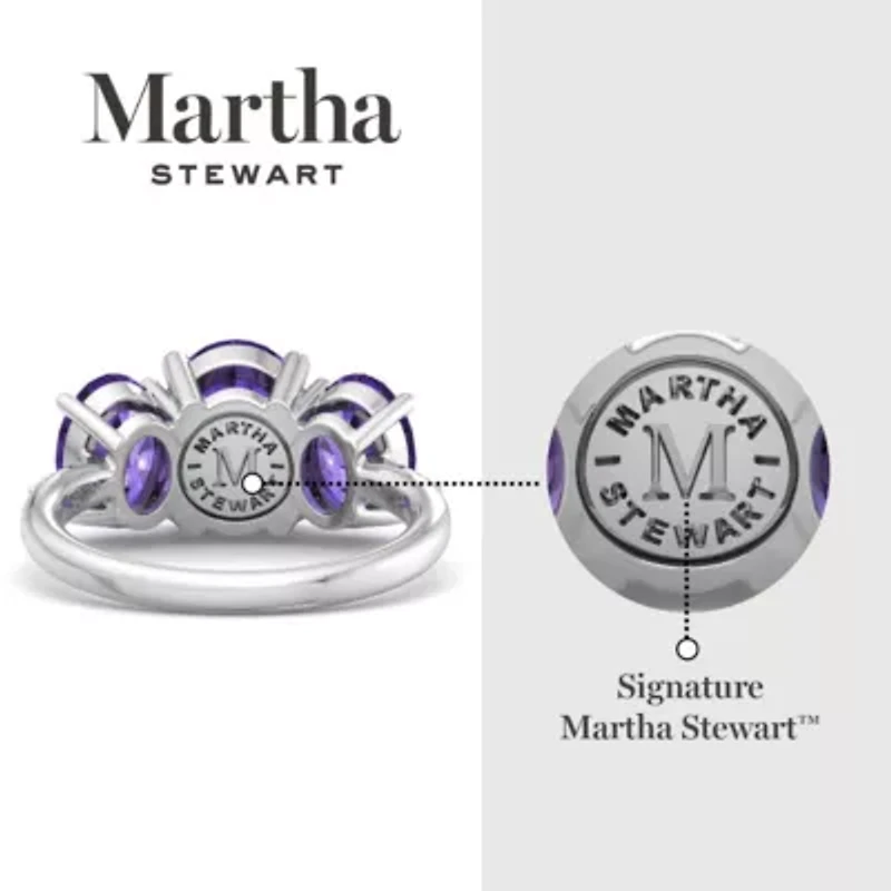 Lab Created Martha Stewart 5 Carat Oval Shape Amethyst and Grown Diamond Three Stone Plus Ring Sterling Silver