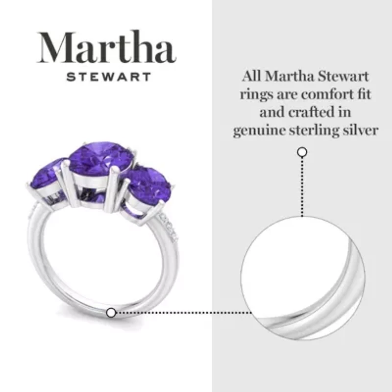 Lab Created Martha Stewart 5 Carat Oval Shape Amethyst and Grown Diamond Three Stone Plus Ring Sterling Silver
