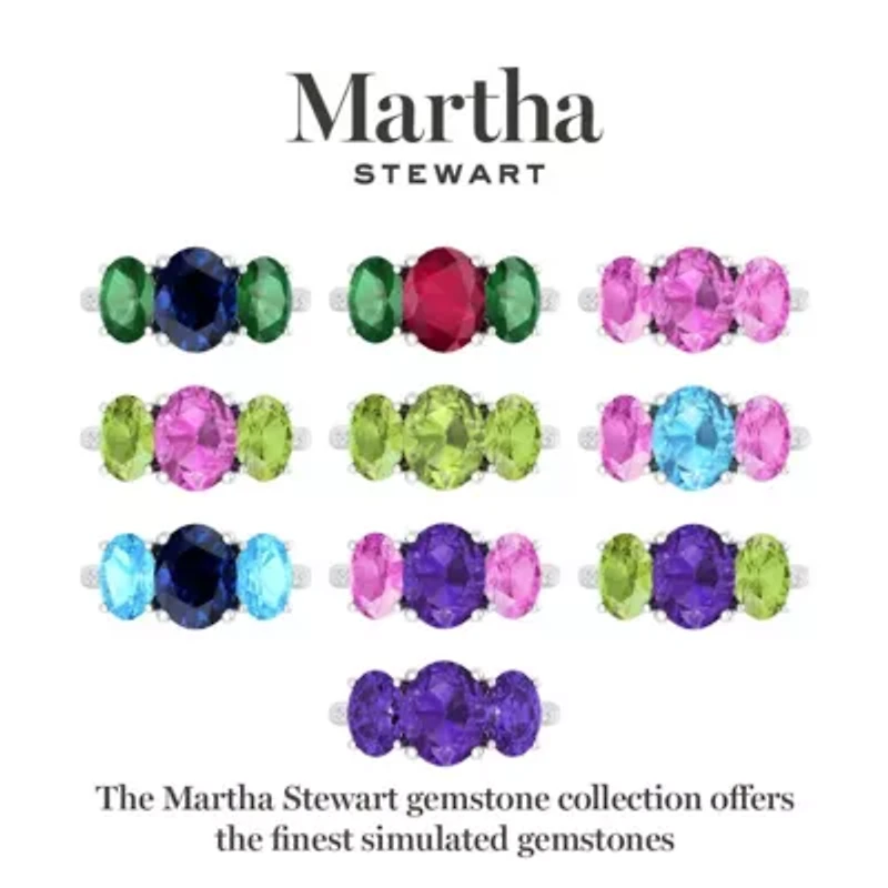 Lab Created Martha Stewart 5 Carat Oval Shape Amethyst and Grown Diamond Three Stone Plus Ring Sterling Silver