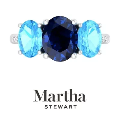 Lab Created Martha Stewart 5 Carat Oval Shape Sapphire, Blue Topaz and Grown Diamond Three Stone Plus Ring Sterling Silver