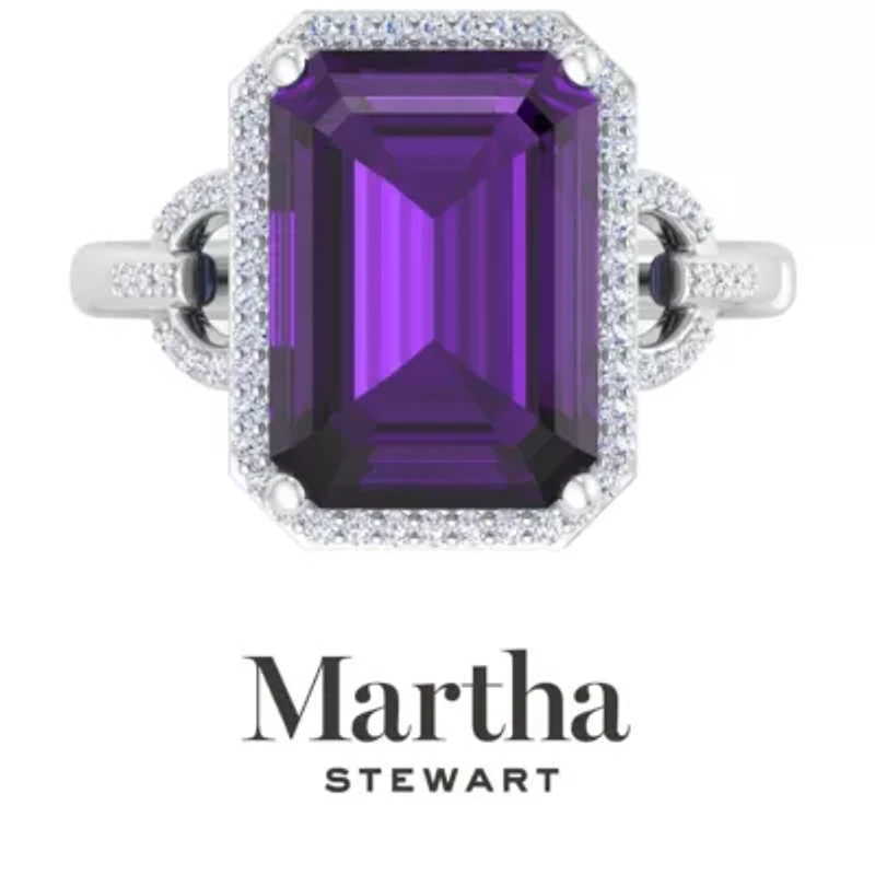Lab Created Martha Stewart 7 1/3 Carat Emerald Cut Gemstone and Grown Diamond Halo Ring Sterling Silver
